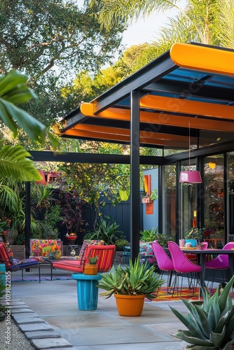 Obraz na płótnie Colorful aluminum pergola on a retro patio with vintage furniture and lively succulents. w salonie