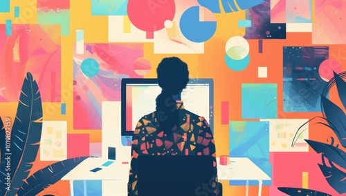 A woman in front of her computer, depicted with colorful patterns and shapes that symbolize creativity and digital expression.