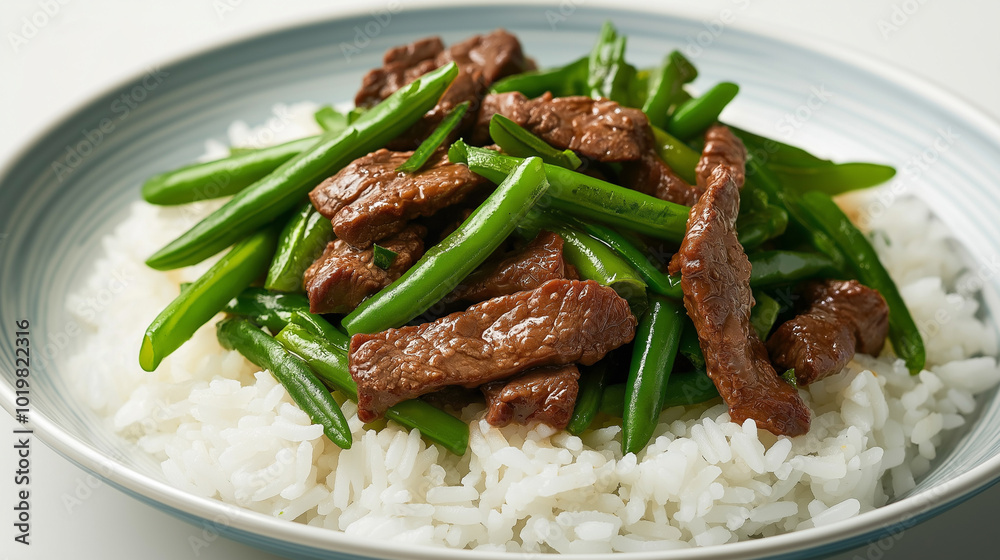 A plate of beef stir-fry with green beans and red peppers, served over a bed of white rice. A plate of beef stir-fry with green beans and red peppers, served over a bed of white rice.