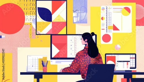A woman in front of her computer, depicted with colorful patterns and shapes that symbolize creativity and digital expression.
