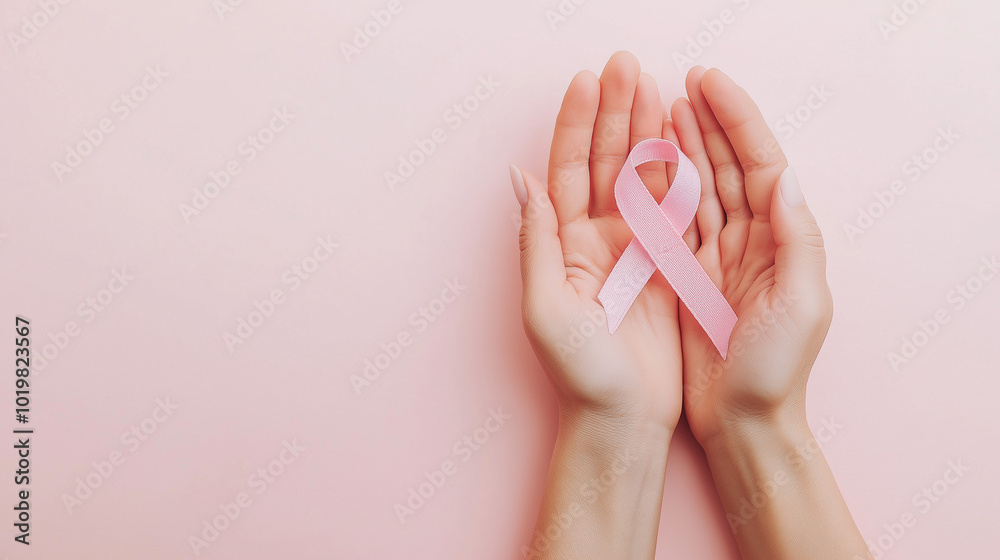 A pair of hands gently holding a pink breast cancer awareness ribbon against a pink background. A pair of hands gently holding a pink breast cancer awareness ribbon against a pink background.