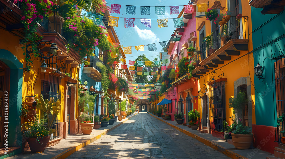 Fototapeta premium Colorful Street with Hanging Decorations - Photo