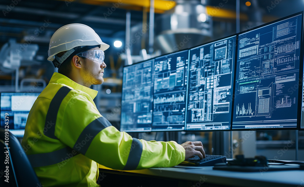 A factory worker monitoring multiple screens filled with data in an industrial control room. A factory worker monitoring multiple screens filled with data in an industrial control room.