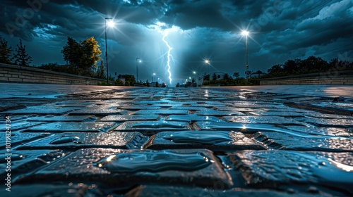 The abstract beauty of a lightning storm captivates. Dark clouds and rain enhance the scene's drama.