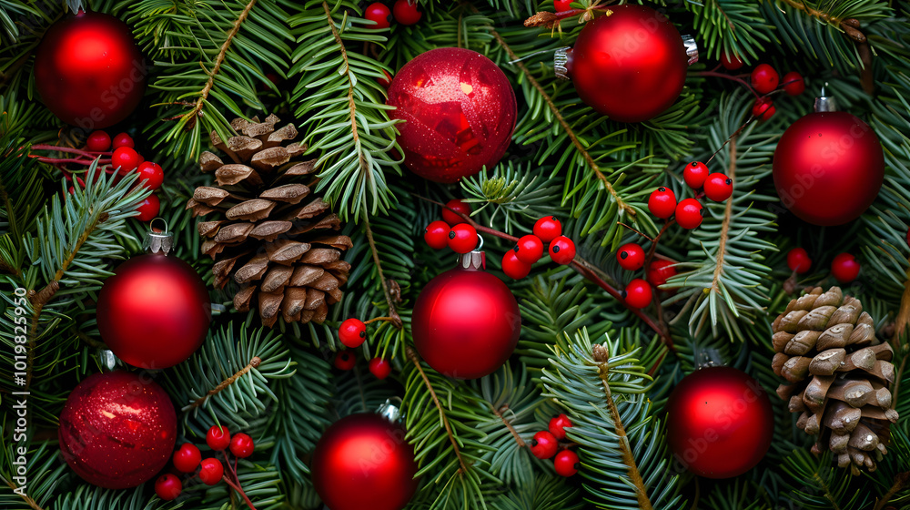 Fototapeta premium Festive Christmas holiday background featuring vibrant red ornaments, pine cones, and lush evergreen branches. This charming arrangement evokes warm and joyful holiday spirit
