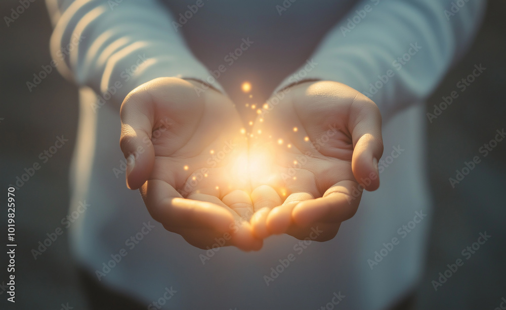 Hands gently holding glowing magical light particles in a dark, mystical setting. Hands gently holding glowing magical light particles in a dark, mystical setting.