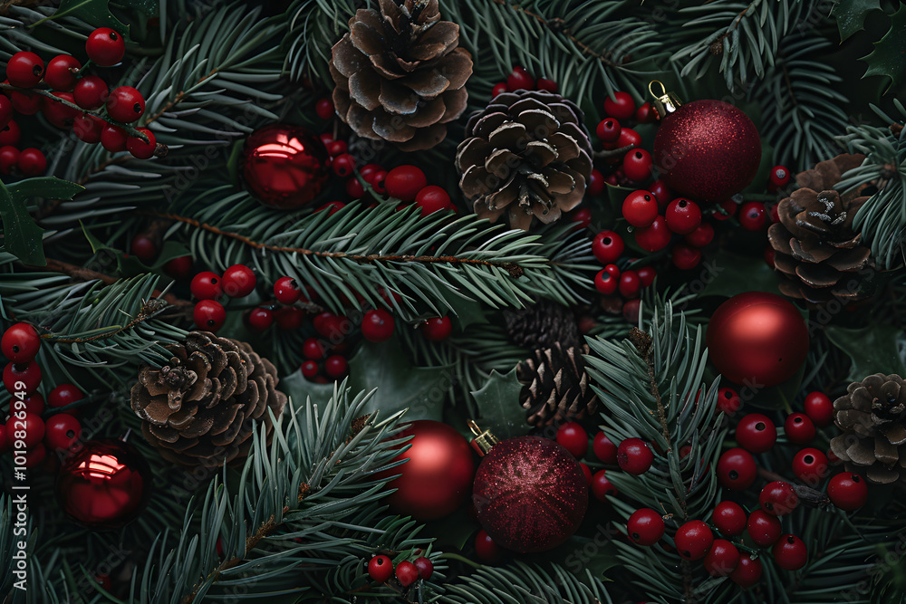 Festive Christmas holiday background showcasing red ornaments, pine cones, and evergreen branches, creating warm and joyful atmosphere for season Festive Christmas holiday background showcasing red ornaments, pine cones, and evergreen branches, creating warm and joyful atmosphere for season