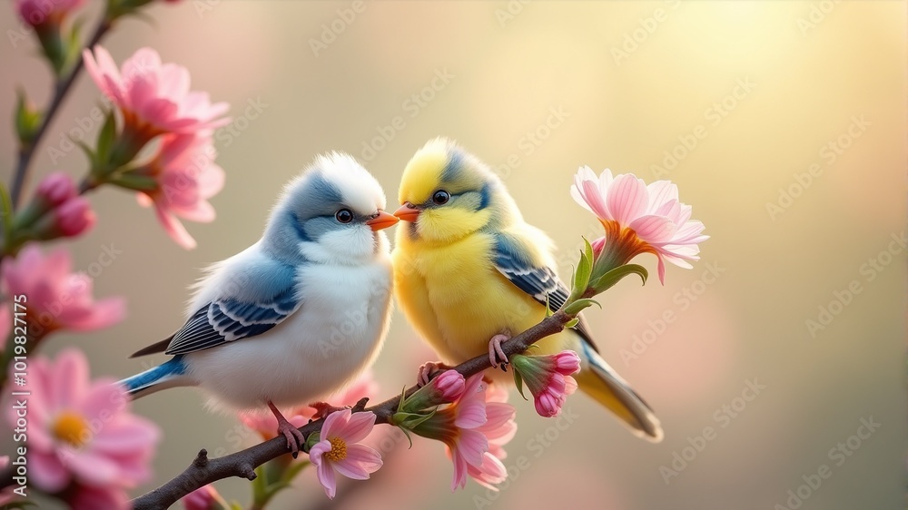Fototapeta premium Two budgies are sitting on a branch with pink flowers.