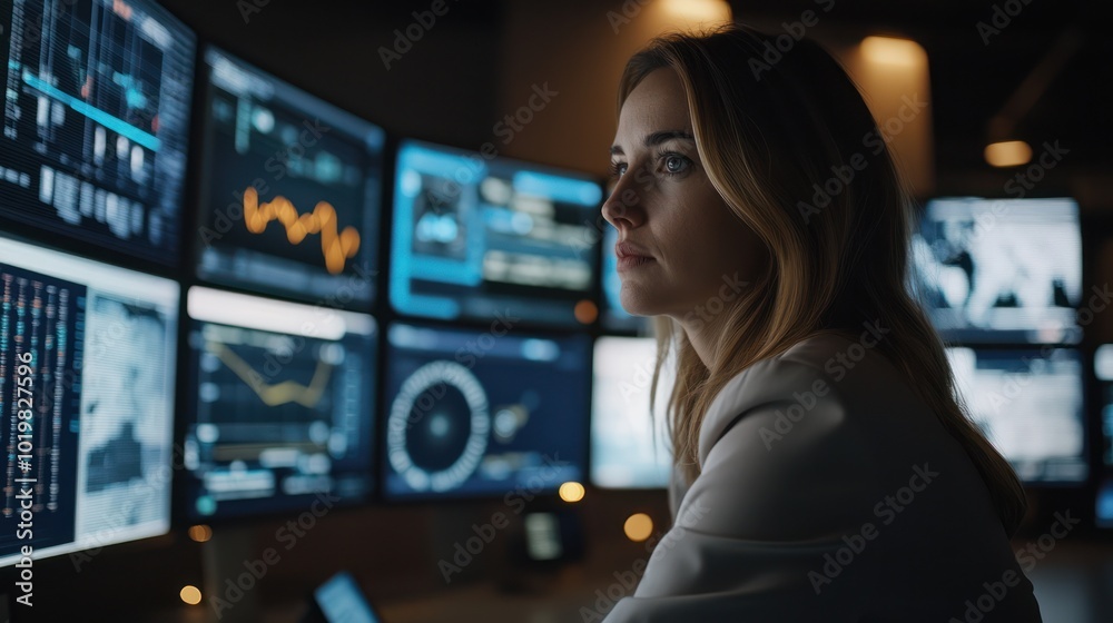 Woman Working in a Control Room with Multiple Screens Woman Working in a Control Room with Multiple Screens