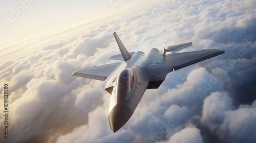 A sleek modern fighter jet flying through the clouds at high altitude.