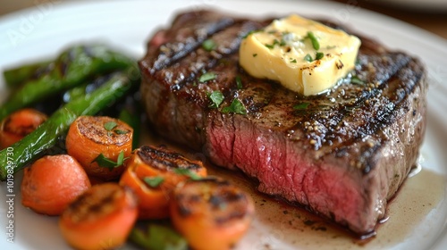 A rare steak fresh off the grill, topped with compound butter and served with a side of charred vegetables, creating a smoky, flavorful dish