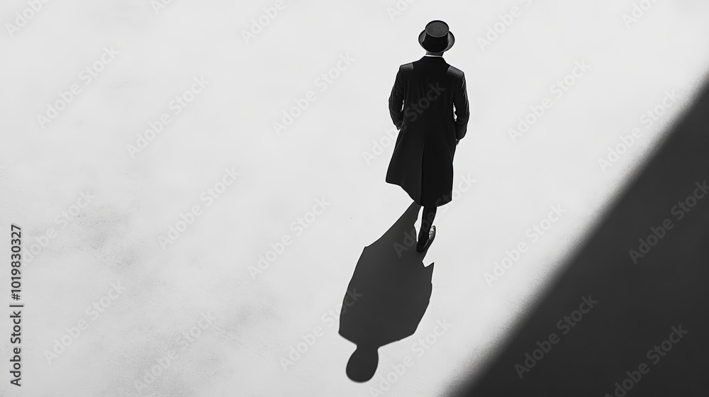 custom made wallpaper toronto digitalA man, his shadow cast on the ground. Minimalist black and white photography with a white background. Shoot with a large frame camera from above, high contrast and concise composition.