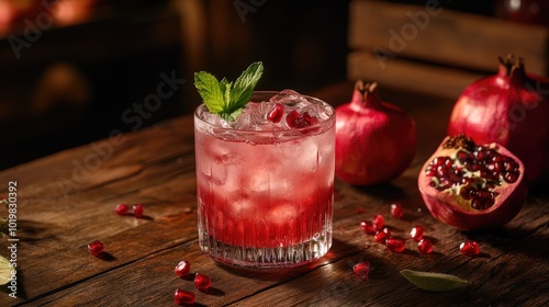 Wallpaper Mural A refreshing glass of pomegranate juice with ice and mint garnish, set on a wooden table with fresh pomegranates and seeds scattered around Torontodigital.ca