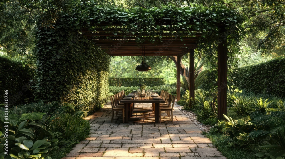 Dense trees and plants around a greenery-covered pergola for serene outdoor dining. Dense trees and plants around a greenery-covered pergola for serene outdoor dining.