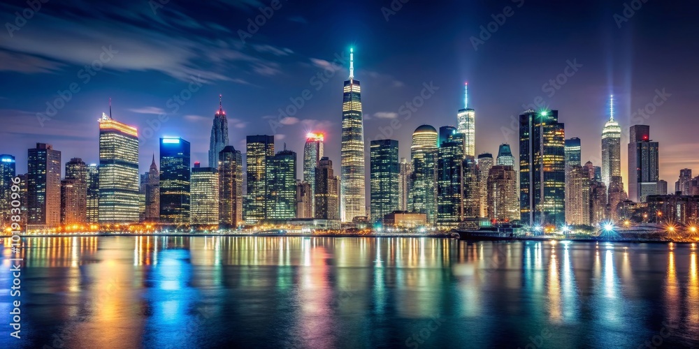 Fototapeta premium Majestic city skyline at night with bright lights illuminating the darkness, night, majesty, city, skyline, lights