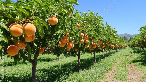 A row of peach trees in an orchard, their branches heavy with ripe fruit, set against the backdrop of a bright blue sky photo