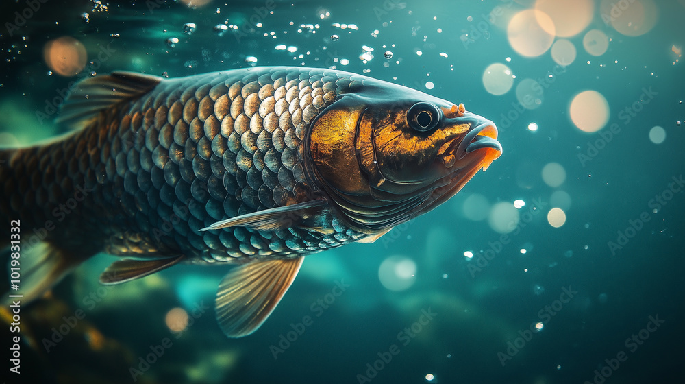 A fish swimming underwater with glowing bubbles and bokeh light effects surrounding it.