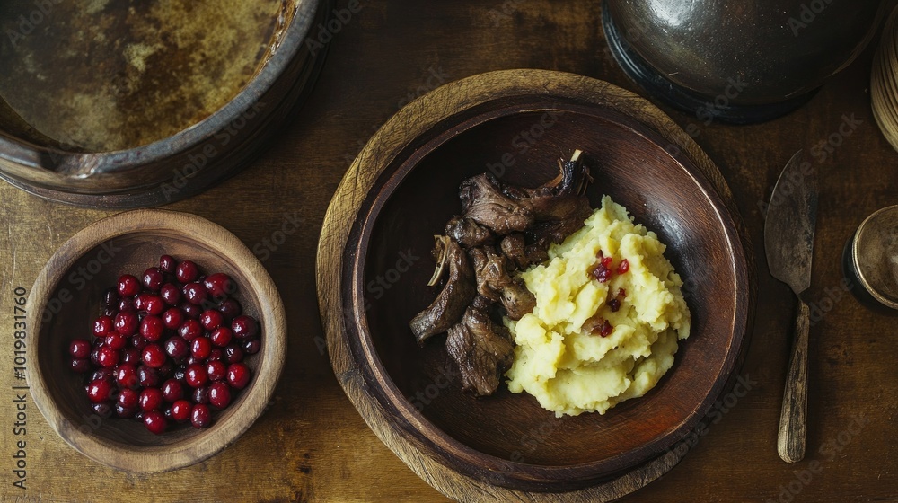 A rustic setup with reindeer, lingonberries, and a side of mashed potatoes, served on a wooden plate with natural textures and colors A rustic setup with reindeer, lingonberries, and a side of mashed potatoes, served on a wooden plate with natural textures and colors