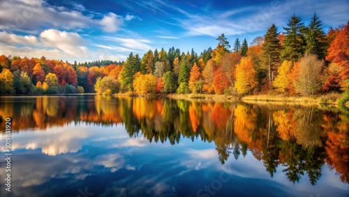 Autumn landscape with lake and forest, low angle view