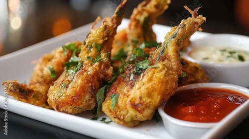 A serving of crispy fried zucchini blossoms, stuffed with cheese and herbs, and served with marinara sauce - photo