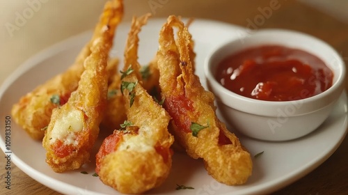 A serving of crispy fried zucchini blossoms, stuffed with cheese and herbs, and served with marinara sauce - photo