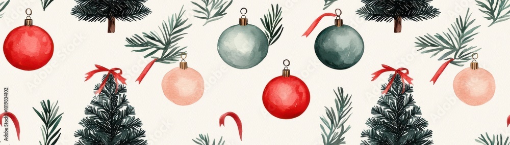 Christmas ornaments and trees, festive design on light background.,Seamless pattern Christmas ornaments and trees, festive design on light background.,Seamless pattern