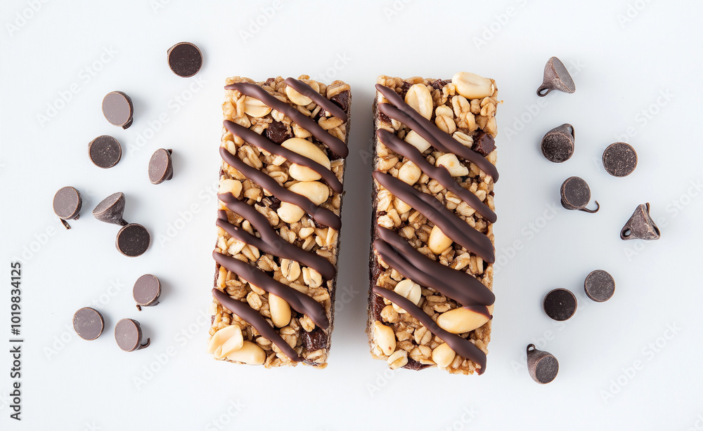 Two chocolate-drizzled granola bars with scattered chocolate chips on a white background. Two chocolate-drizzled granola bars with scattered chocolate chips on a white background.