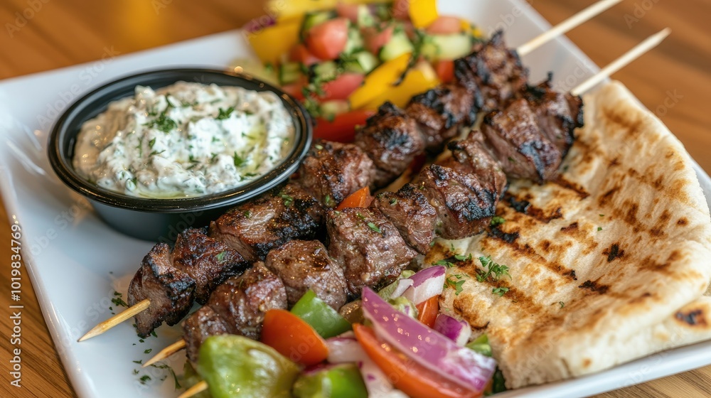 A skewer of grilled lamb with vegetables, served on a platter with a side of pita bread and tzatziki, capturing a Greek-inspired meal A skewer of grilled lamb with vegetables, served on a platter with a side of pita bread and tzatziki, capturing a Greek-inspired meal