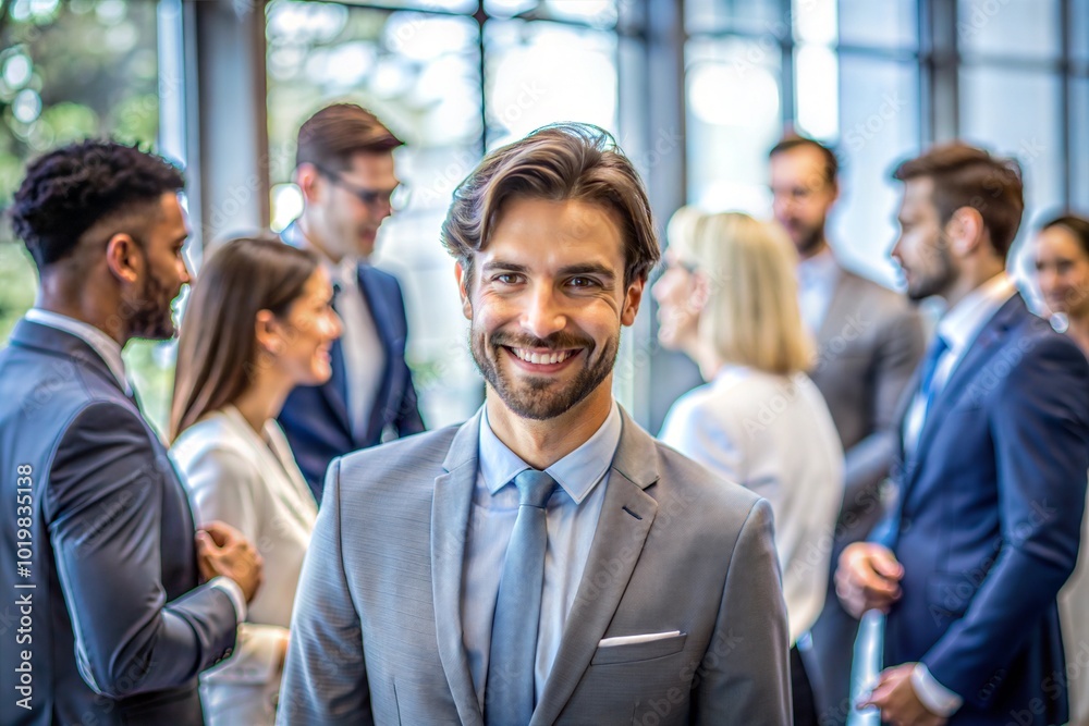 Smiling Caucasian businessman with colleagues in background professional and business casual Smiling Caucasian businessman with colleagues in background professional and business casual