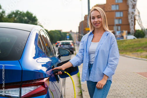 Portrait of blonde woman plugs in her electric car for charging in the street charging station. 