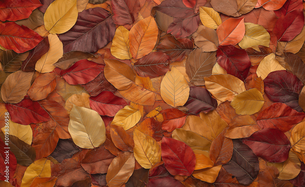A textured background of autumn leaves in various shades of red, orange, and yellow.