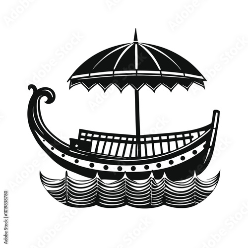 Onam festival boat with umbrella vector silhouette