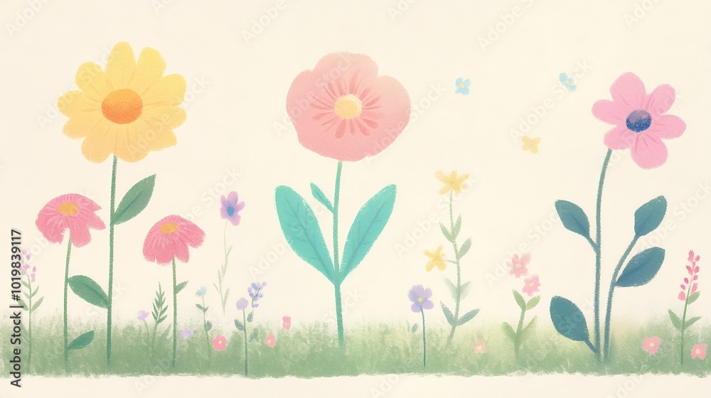 Illustration of colorful wildflowers in a meadow with butterflies on a light background. Digital art for spring and nature themes. Illustration of colorful wildflowers in a meadow with butterflies on a light background. Digital art for spring and nature themes.