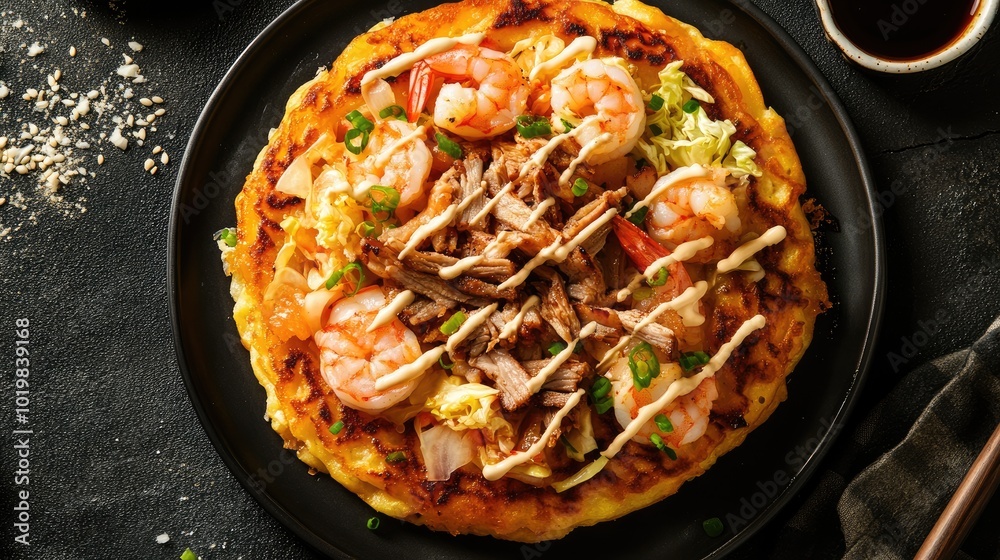 A top-down view of a traditional okonomiyaki pancake topped with cabbage, shrimp, and pork, garnished with bonito flakes and drizzled with mayonnaise A top-down view of a traditional okonomiyaki pancake topped with cabbage, shrimp, and pork, garnished with bonito flakes and drizzled with mayonnaise