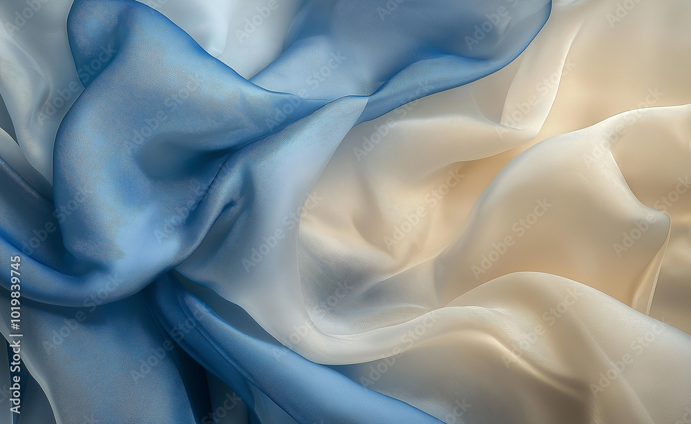 Close-up of flowing, luxurious silk fabric with soft golden and blue hues. Close-up of flowing, luxurious silk fabric with soft golden and blue hues.