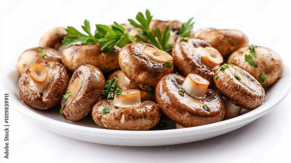 A plate of cooked brown mushrooms garnished with parsley. A plate of cooked brown mushrooms garnished with parsley.