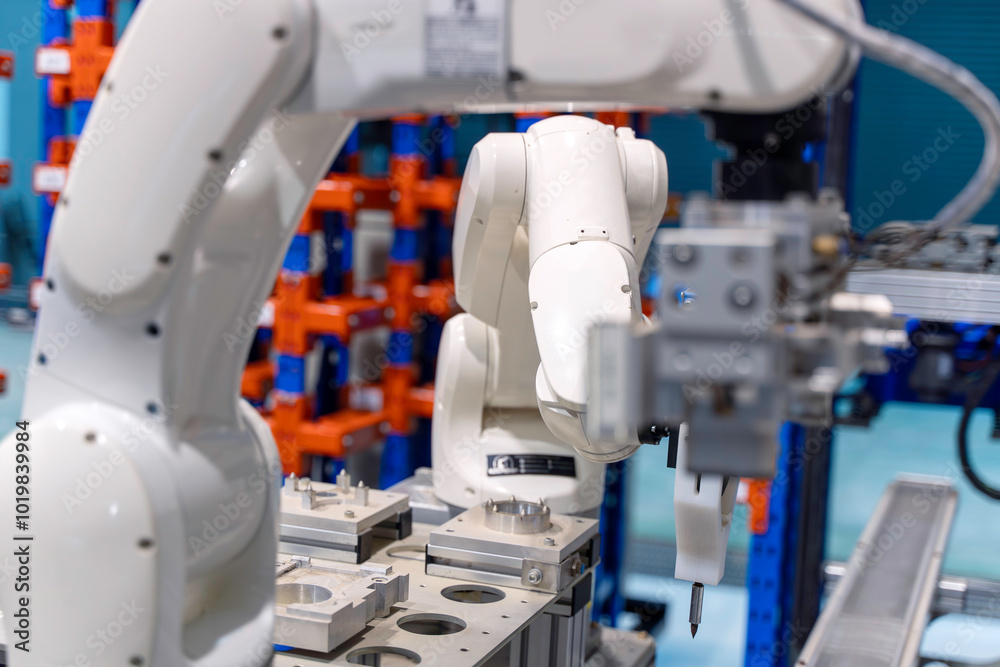 Image of industrial robotic working creates aluminum engine components at industrial work shop Image of industrial robotic working creates aluminum engine components at industrial work shop