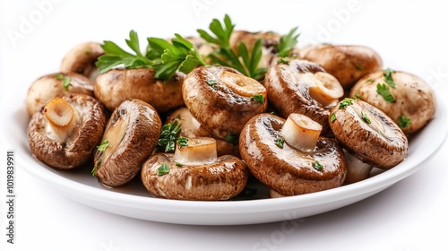 A plate of cooked brown mushrooms garnished with parsley.