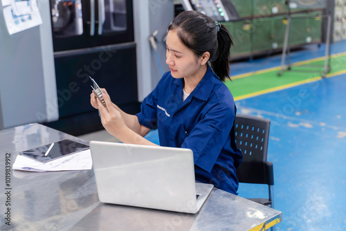 Asian woman technician engineer working designing mechanical parts engineering with laptop and checking an example small gear with metal ruler at industrial workshop.
