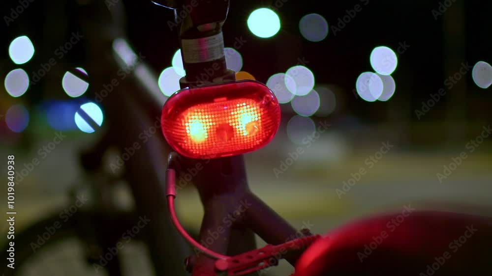 Footage shows a blinking red light of a bicycle with nice blurry lights at the background .Night video.
