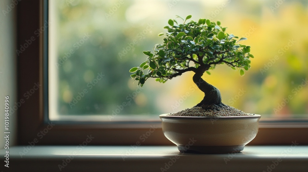 Bonsai Tree on Windowsill with a Blurred Green Background Bonsai Tree on Windowsill with a Blurred Green Background