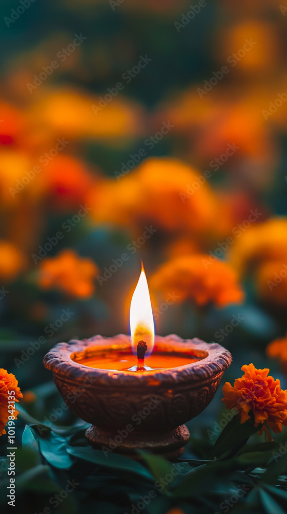 Diya Flame Glowing with Marigold Flowers Adorning the Background Diya Flame Glowing with Marigold Flowers Adorning the Background
