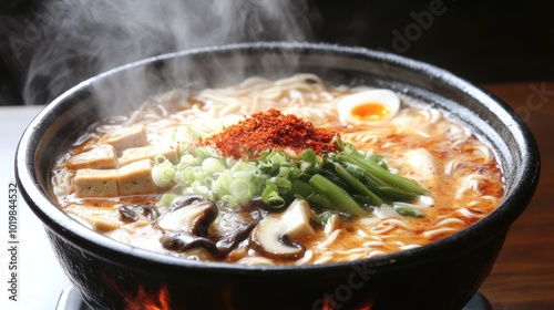 Close-up of a steaming bowl of ramen with miso broth, tofu, mushrooms, and bok choy, garnished with chili flakes and green onions