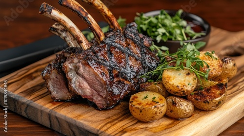 Close-up of grilled lamb ribs with a smoky char, served on a wooden cutting board with roasted potatoes and a side of fresh herb garnish