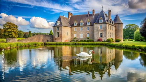 Historic Ch?teau des Ravalet with a swan in the pond in Cotentin, Normandie, France , Ch?teau des Ravalet, swan, pond photo