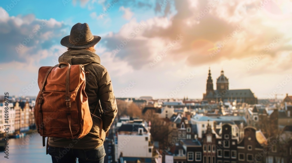 Man with Backpack Overlooking Cityscape Man with Backpack Overlooking Cityscape