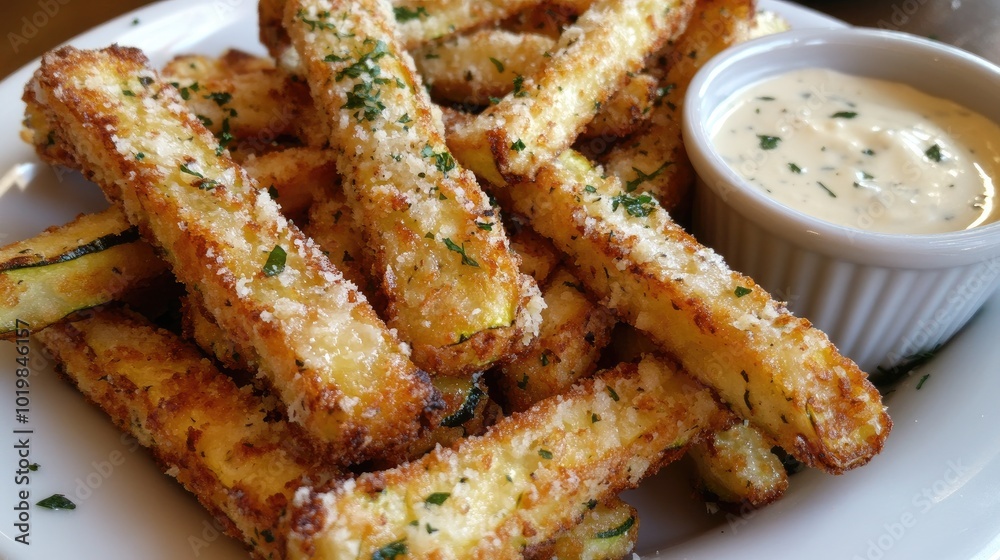 Crispy fried polenta fries, served with a side of marinara dipping sauce and sprinkled with Parmesan cheese Crispy fried polenta fries, served with a side of marinara dipping sauce and sprinkled with Parmesan cheese
