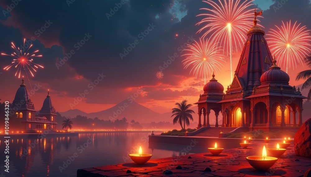Obraz premium Royal Dussehra Background Depicting Indian Temples with Firecrackers Lighting Up the Sky and Diyas Glowing Below