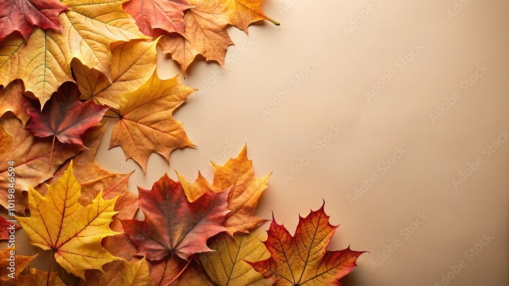 Autumn leaves layout on beige background with copy space, extreme close-up Autumn leaves layout on beige background with copy space, extreme close-up