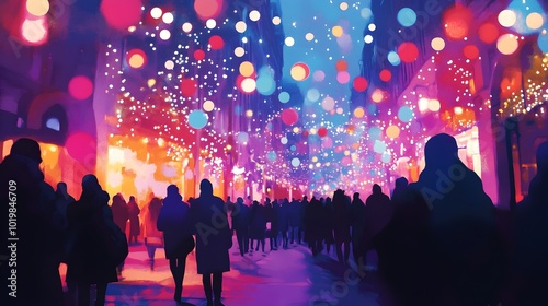 Vibrant Nighttime Cityscape with Crowds Celebrating in Illuminated Streets photo